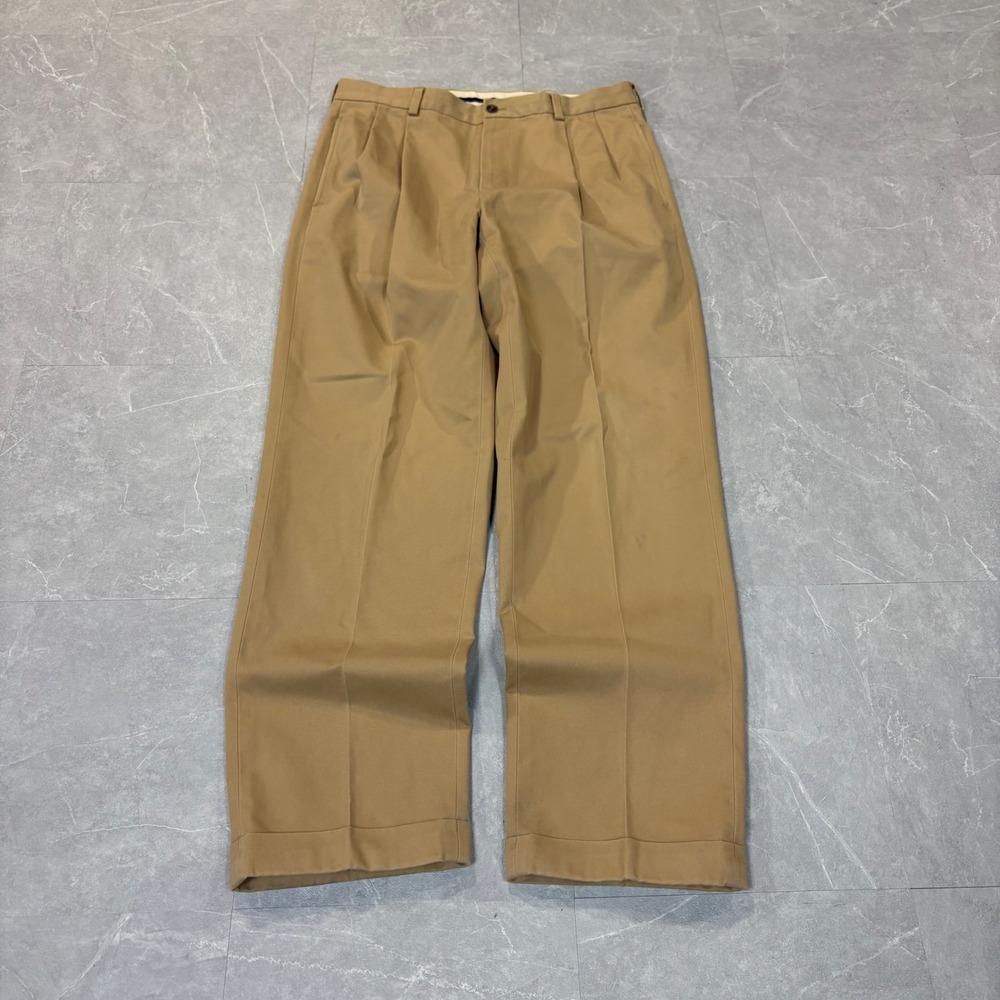 Brooks Brothers Advantage Chino Elliot Khaki Pleated Cuffed Pants 33x32 Tan
